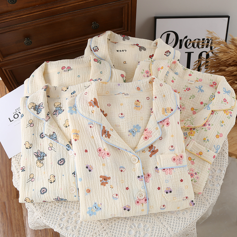 【绉纱合集】女士睡衣女套装秋冬款纯棉双层棉纱秋冬家居服长袖长裤