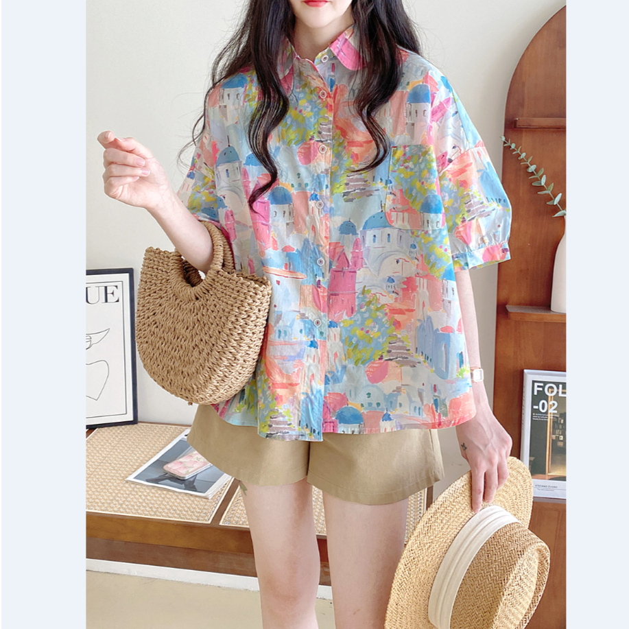 娃娃领衬衫女夏款2023年新款韩版宽松原宿风油画涂鸦口袋短袖上衣