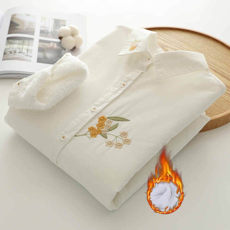 山茶花刺绣文艺 冬季加绒保暖厚款白色长袖衬衫内搭衬衣