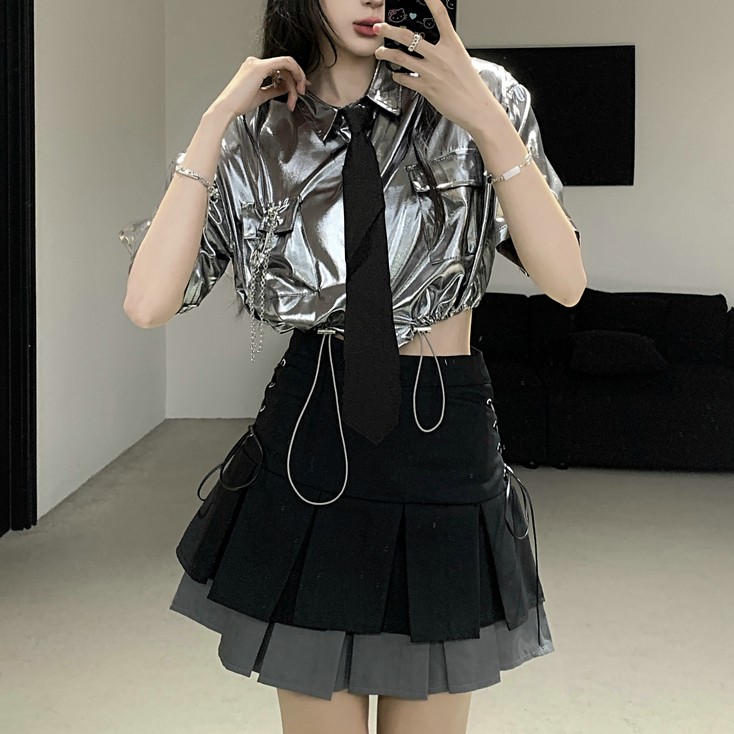 设计感百褶裙女双层拼色绑带小众辣妹a字短裙高腰显瘦半身裙裤裙