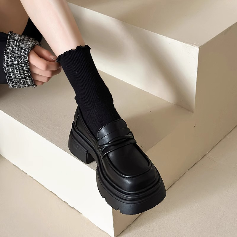 厚底粗跟英伦风小皮鞋女2023新款秋冬季一脚蹬女鞋单鞋黑色乐福鞋