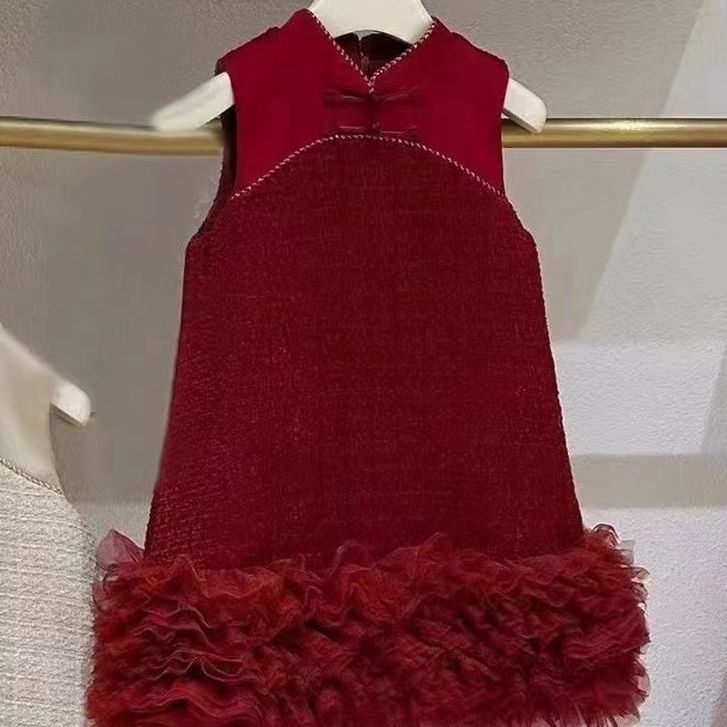 童装新中式女童连衣裙冬装儿童洋气中国红圣诞服网纱宝宝拜年裙子