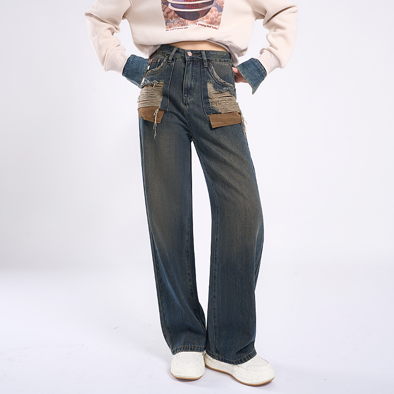 朵拉格格24春新款显瘦高腰复古休闲宽松水洗设计感做旧牛仔裤