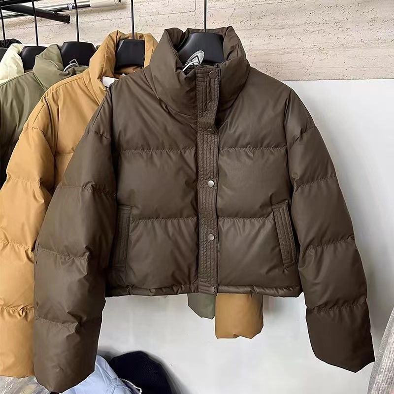 短款PU皮羽绒服冬季美式潮牌立领面包服显瘦加厚保暖外套小个子服