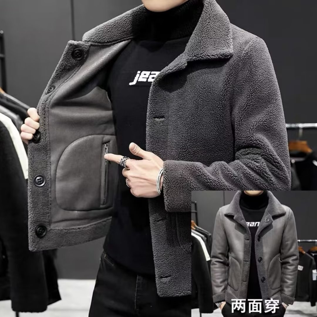 双面穿加绒加厚夹克毛呢羊羔绒皮衣夹克男修身保暖韩版两面男士服