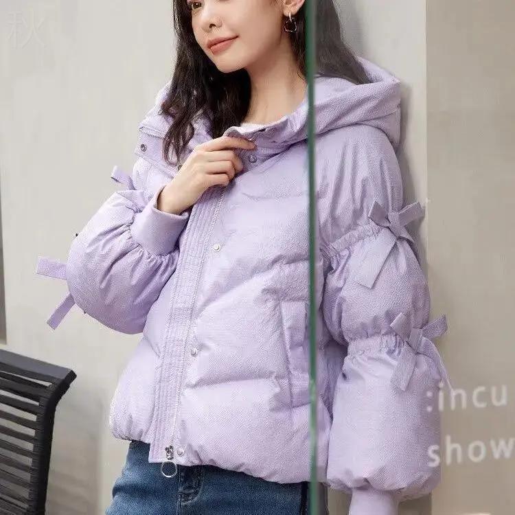 子短款羽绒服女冬2023精选日系甜美宽松灯笼袖连帽秋冬外套羽绒服