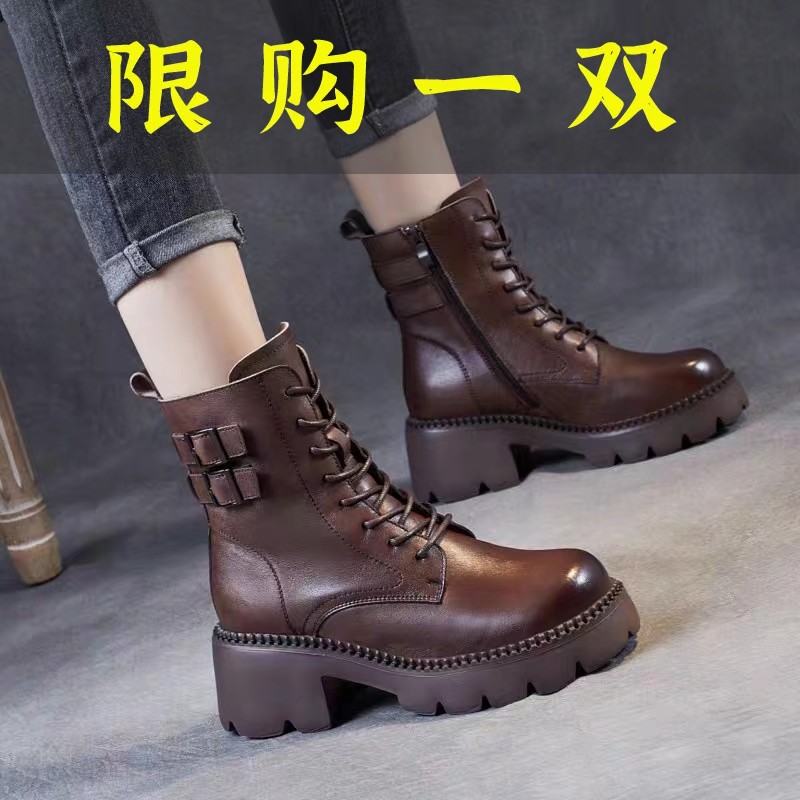 百丽纯爱真皮厚底马丁靴女2023年秋冬季新款单靴英伦复古时尚粗