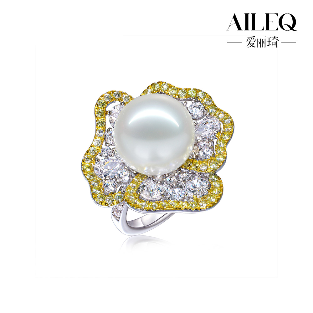 AILEQ 925银仿珍珠戒指 镶高碳钻金边白色花朵设计个性时尚气质女