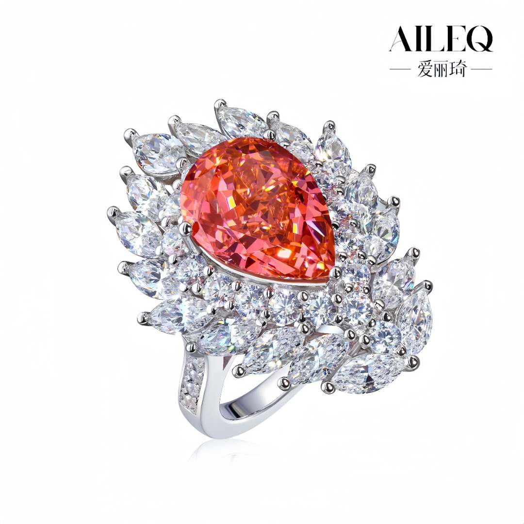 AILEQ 925银合成锆石戒指 帕拉伊巴樱花粉日落色水滴羽毛时尚气质