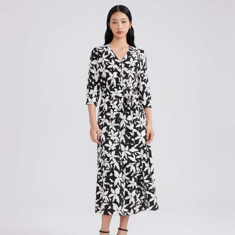 LIME/莱茵【冬姐精选】春夏优雅印花梭织连衣裙黑色LMFA2BWOP803