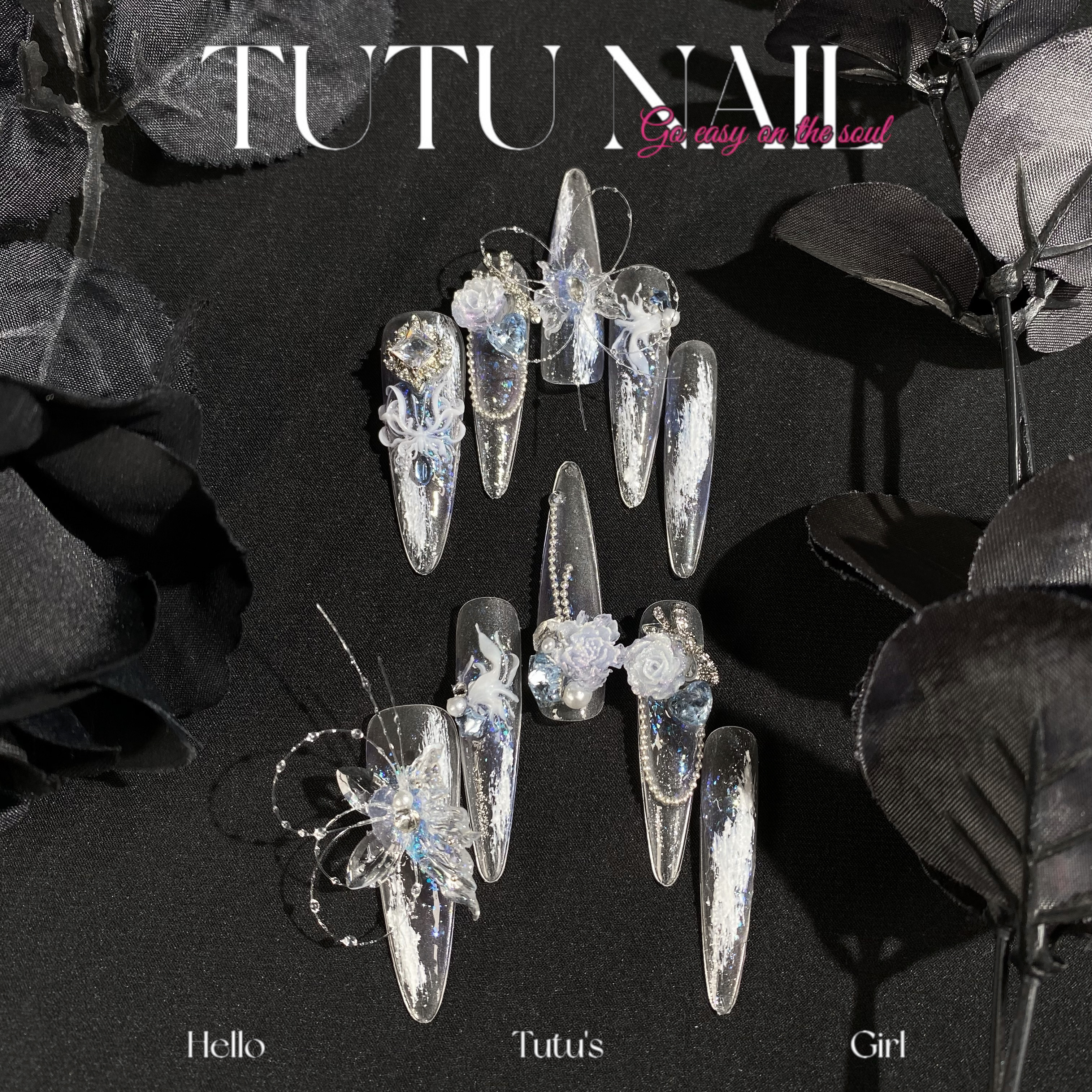 【陆沉犹在镜中】TUTU NAIL手工穿戴美甲高级蔡文静长T尖蓝蝴蝶鱼线