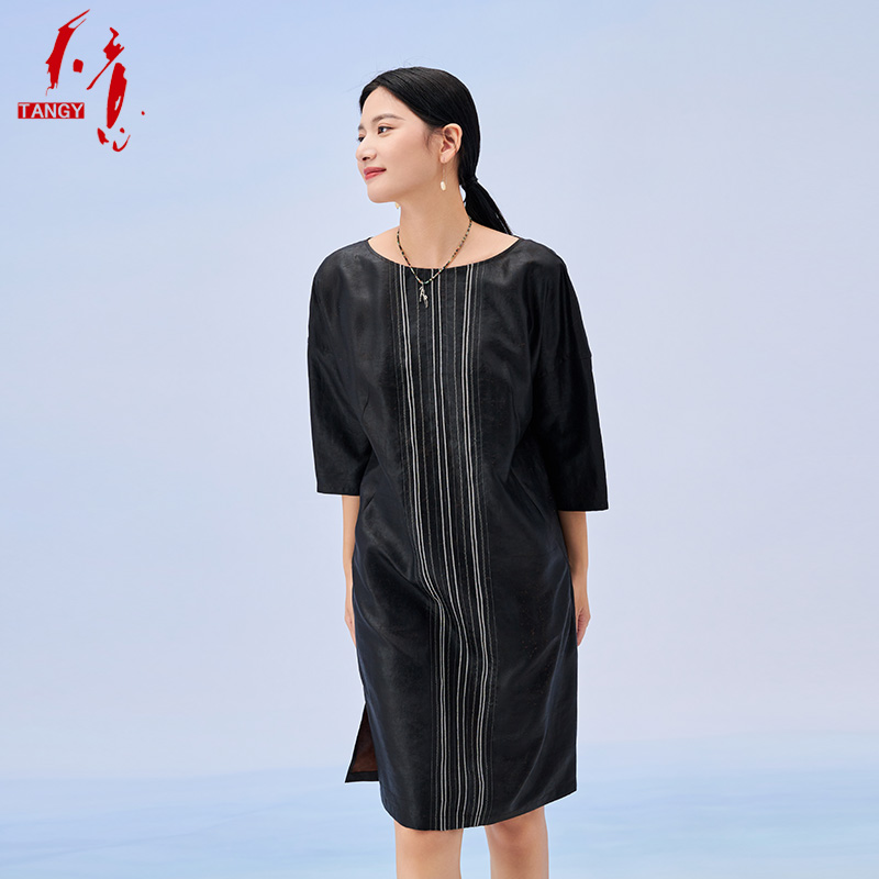 TANGY/天意夏季新品时尚简约女士宽松茛绸香云纱连衣裙2232822