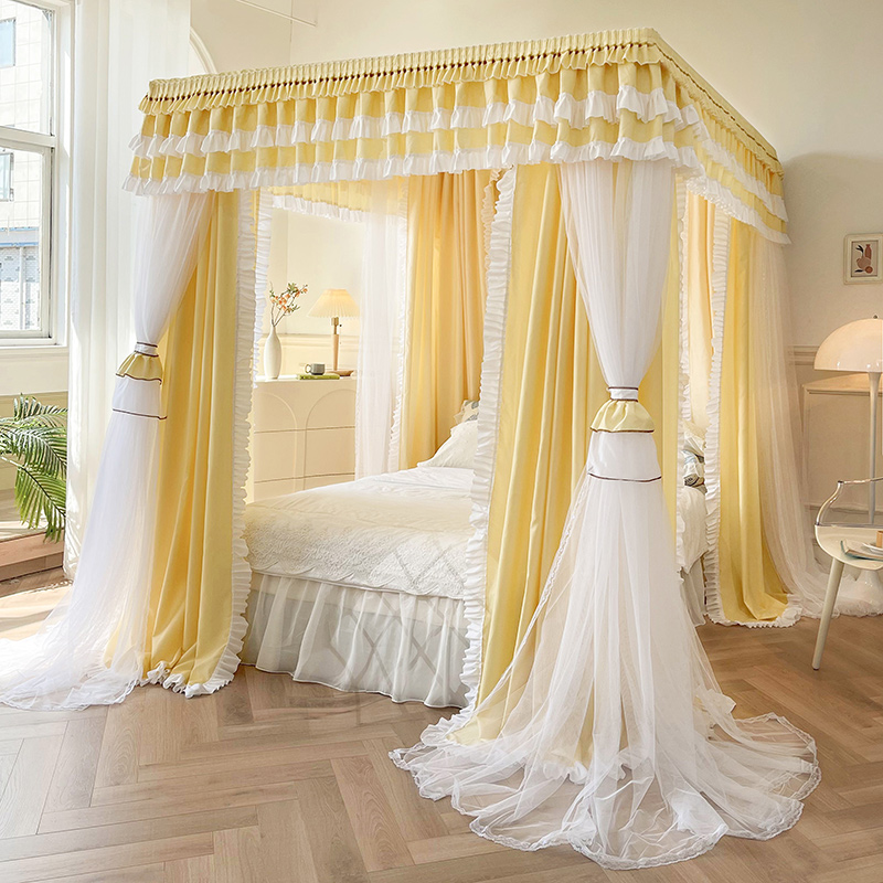 五通双杆落地双层遮光宫廷蚊帐四开门床幔卧室家用加厚不锈钢支架