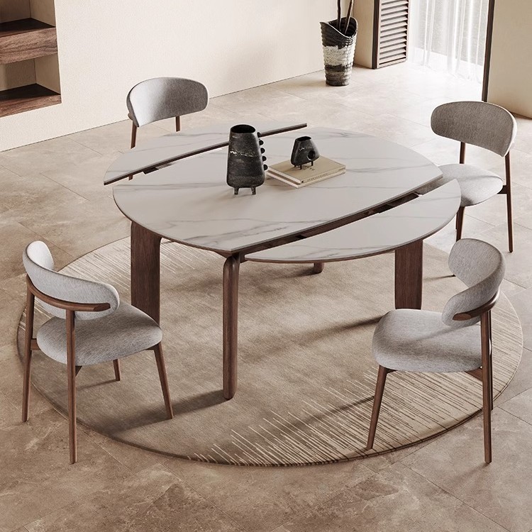 方圆两用餐桌实木伸缩折叠餐桌家用小户型现代圆形岩板餐桌可伸缩