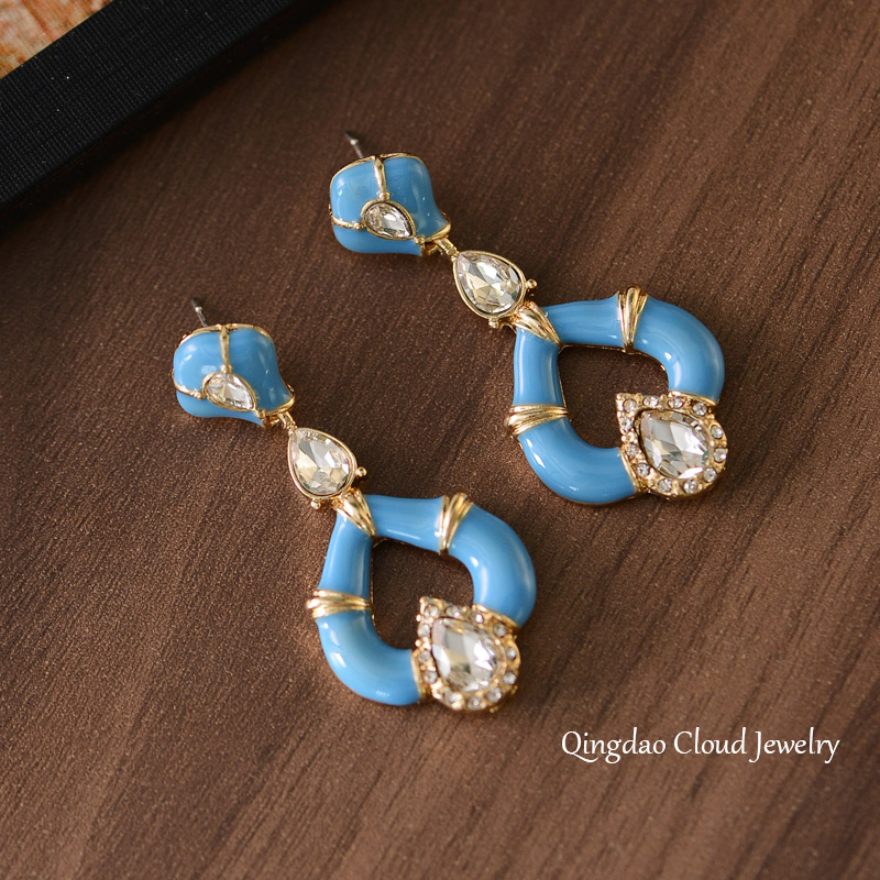 锌合金珐琅耳饰 0947气质时尚蓝色复古百搭法式小众简约长款耳钉