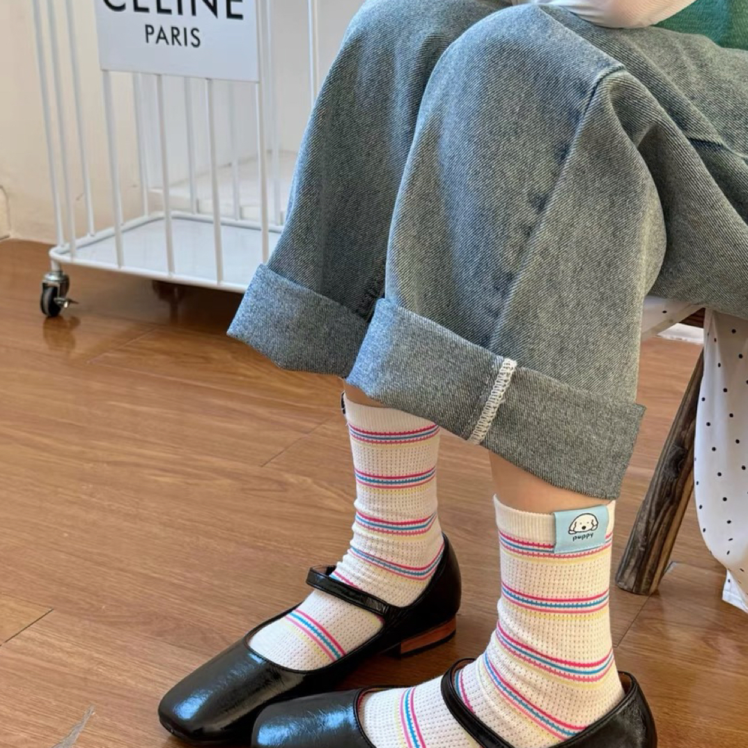 布标袜子女中筒袜春夏季薄款纯棉ins潮韩版日系网眼透气夏天长袜