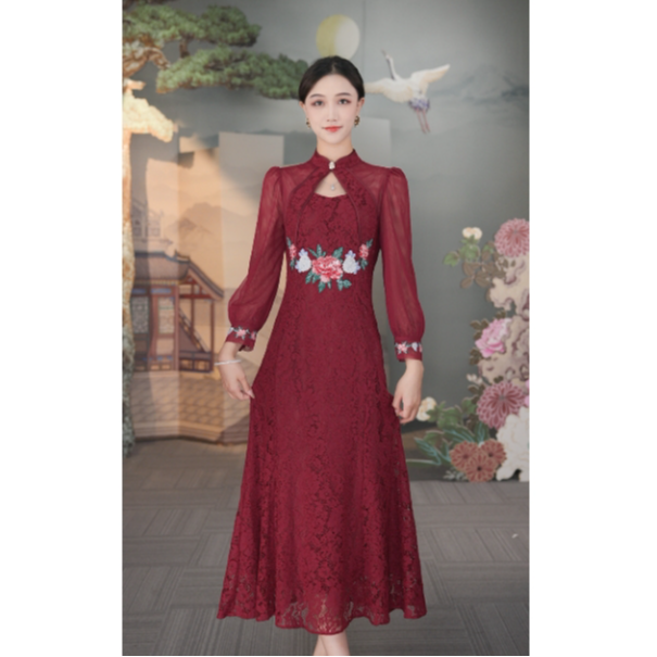 【商场同款】SUSSI/古色22秋酒红刺绣中长款蕾丝连衣裙喜装女婚礼