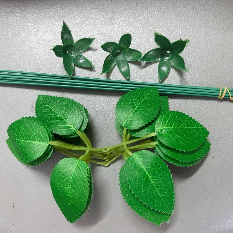 仿真玫瑰叶和花托，丝印花叶六片叶花杆三件套材料