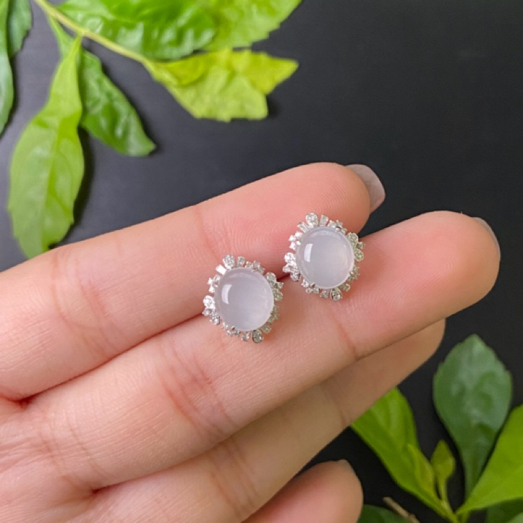 天然缅甸A货翡翠-白冰耳钉31