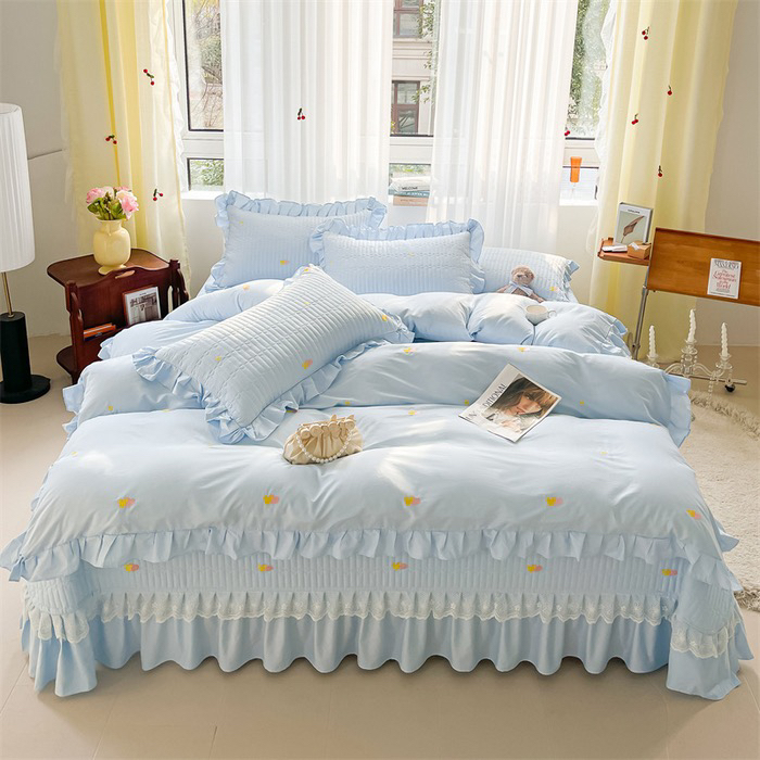 【全棉夹棉床盖】2024新款全棉绣花夹棉床盖四件套刺绣花边公主风