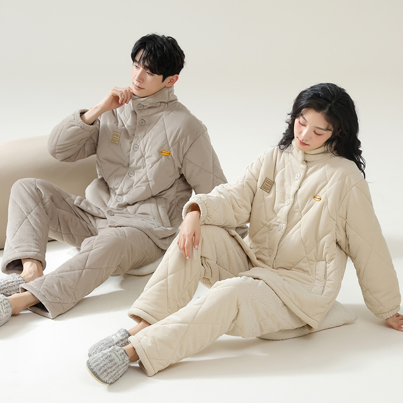 芬腾可安情侣睡衣三层夹棉珊瑚绒加厚冬季可外穿男女士家居服套装