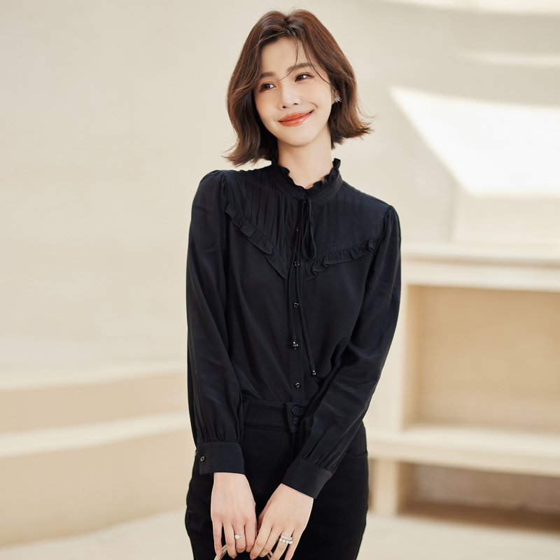 风笛2024秋季新款木耳边黑色长袖衬衫女气质设计感衬衣小个子上衣