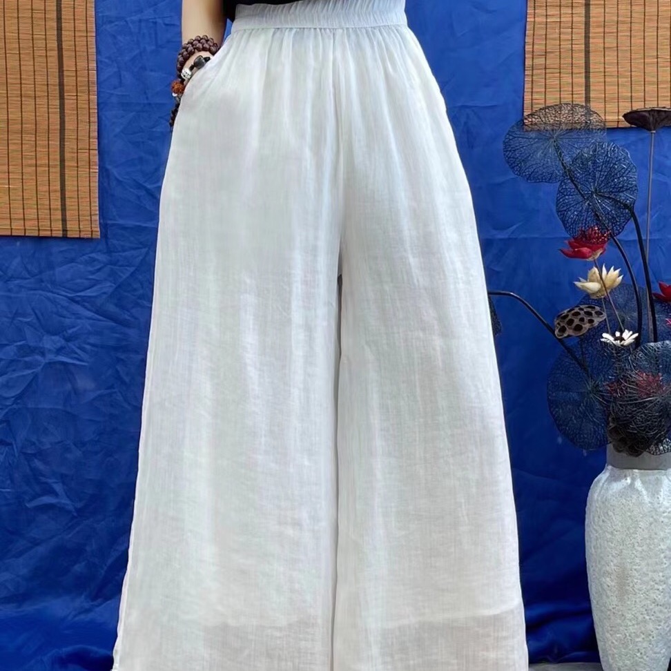 喜番 苎麻糖果色显高阔腿裤宽松夏季长裤高腰休闲