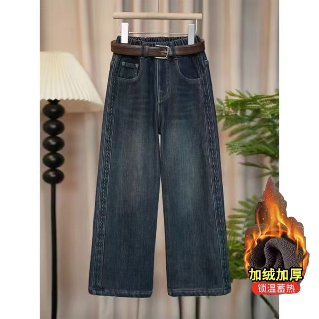 女童冬款加绒莲藕压花工艺加绒阔腿牛仔裤时尚洋气潮款