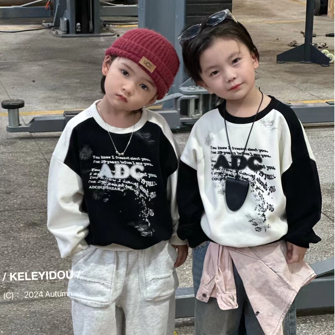 6606-儿童潮酷字母圆领休闲卫衣2024秋新款中童炸街宽松套头上衣