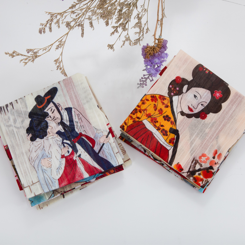 韩国进口方形民俗手帕可爱印花柔软吸水双层民俗风情