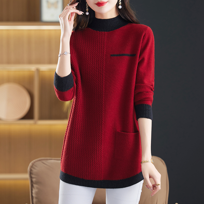 设计感中长款有口袋打底衫女宽松遮肚子拼色时髦百搭套头毛衣内搭