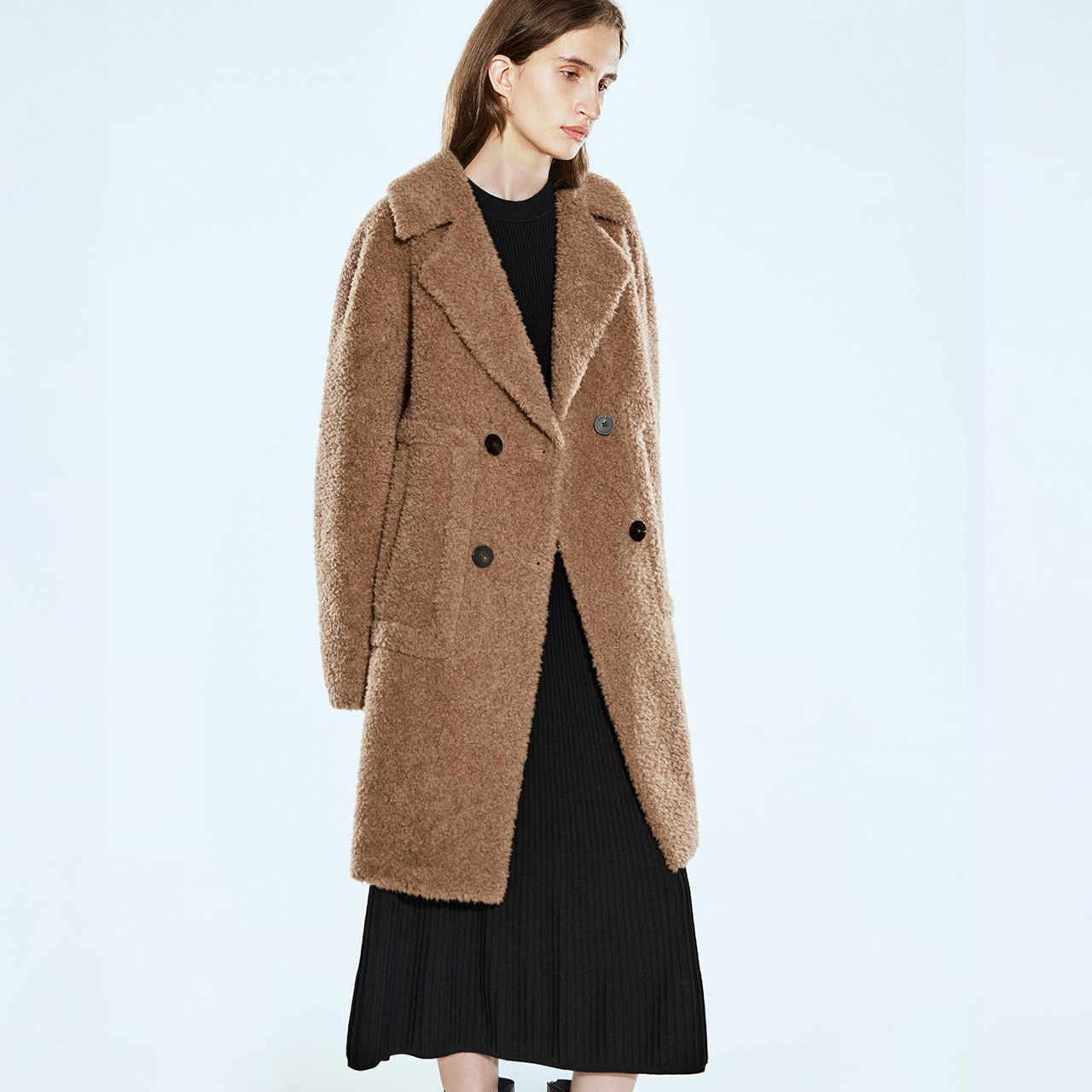 COVERINS冬季新款时尚双排扣宽松颗粒羊毛大衣CC64580260 