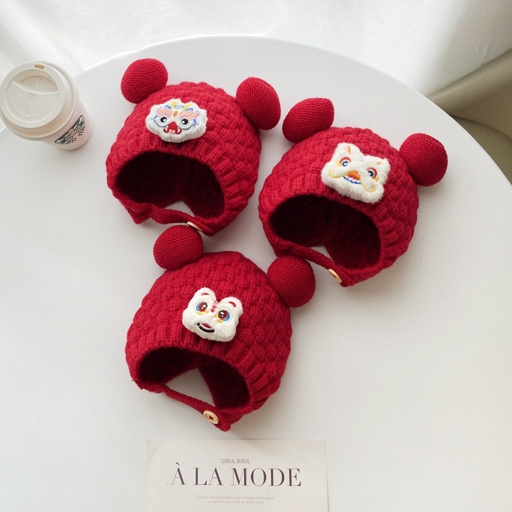 红色婴儿帽子秋冬款针织帽男女童小月龄宝宝护耳帽包头帽喜庆可爱