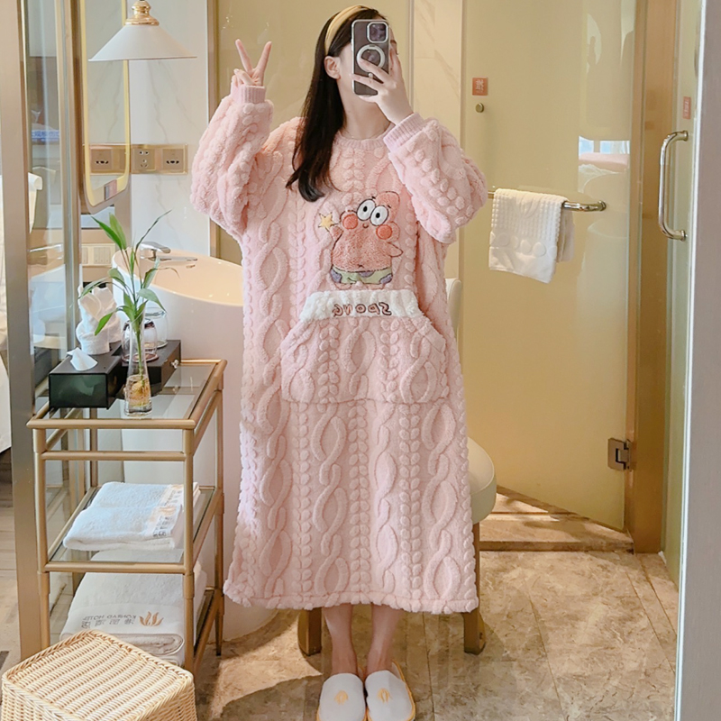 珊瑚绒睡裙女秋冬季2023年新款卡通可爱长袖孕妇法兰绒睡衣家居服