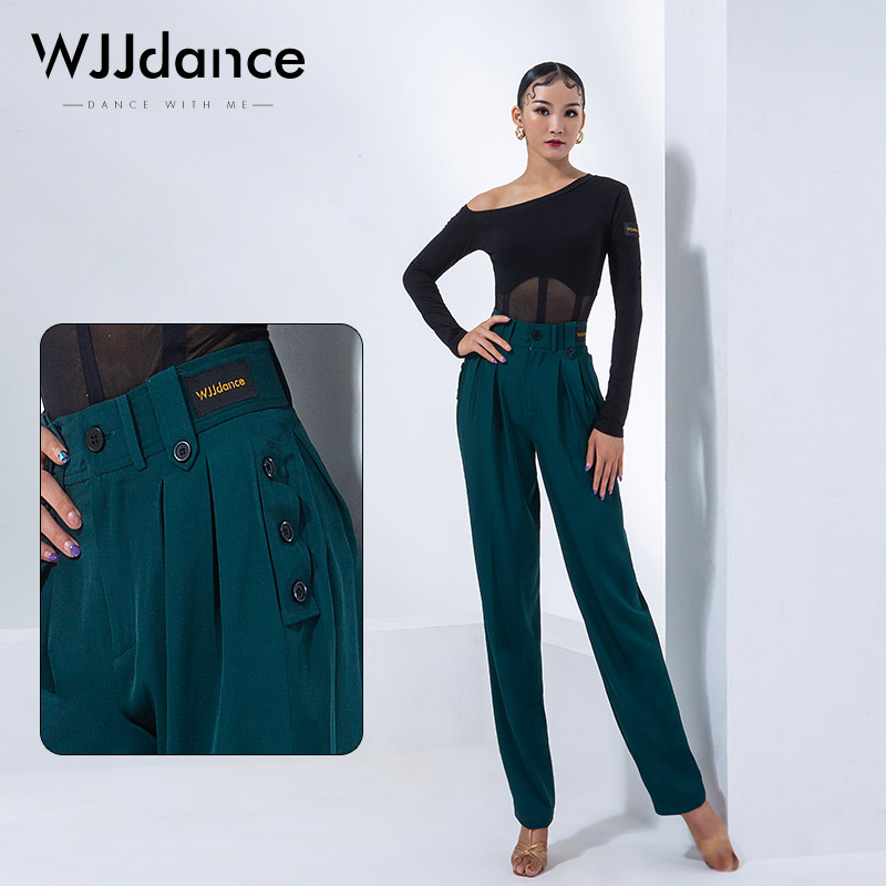 WJJdance拉丁舞裤子女2025新款高腰口袋撞色钮扣国标长裤练功服
