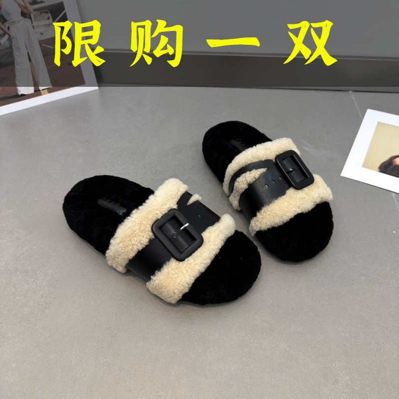 百丽纯爱拖鞋女冬季外穿2023年新款时尚皮带扣百搭舒适羊羔毛厚