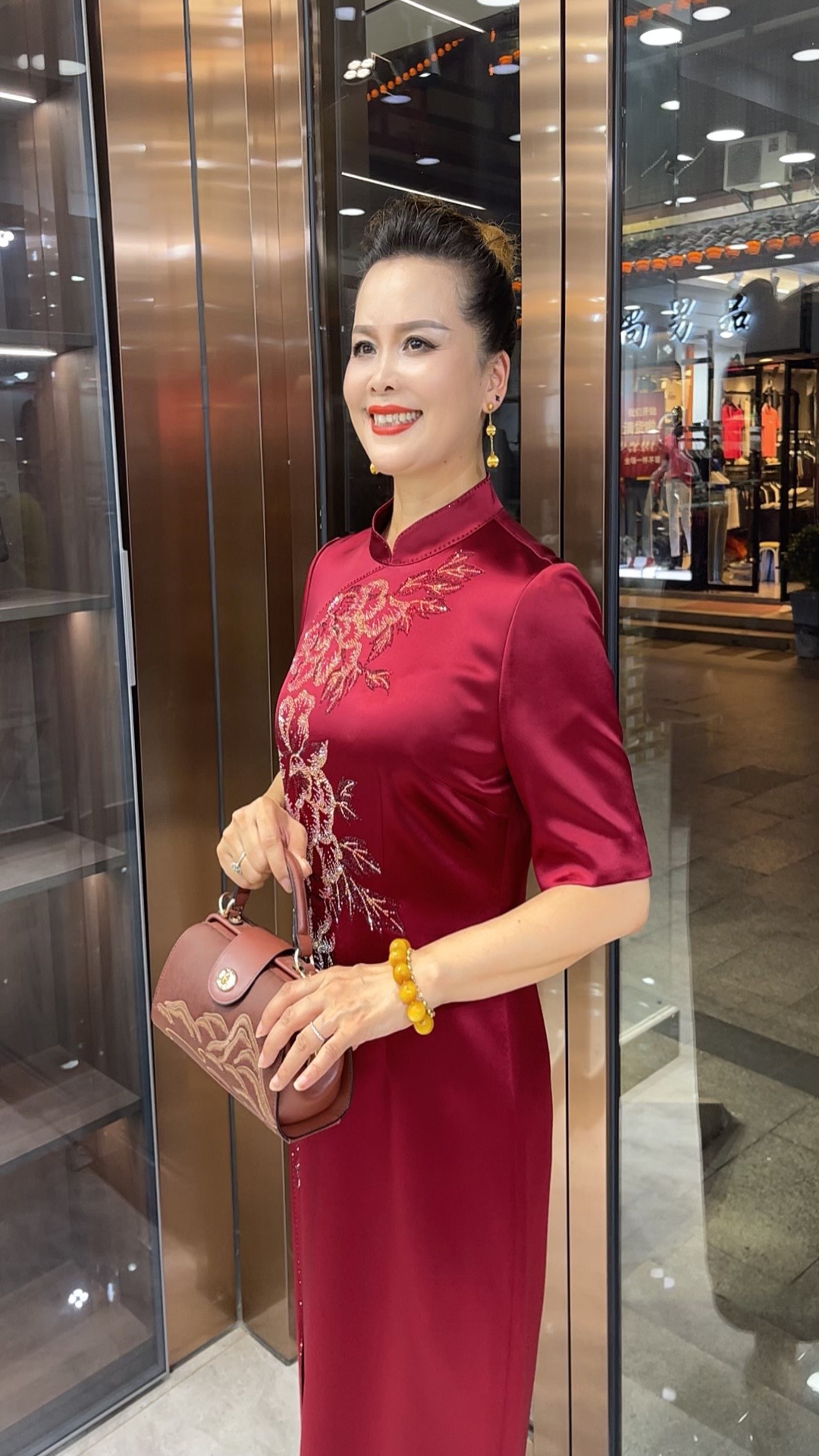 LY高级优雅酒红色婚礼气质修身长款女士中式礼裙LY17892