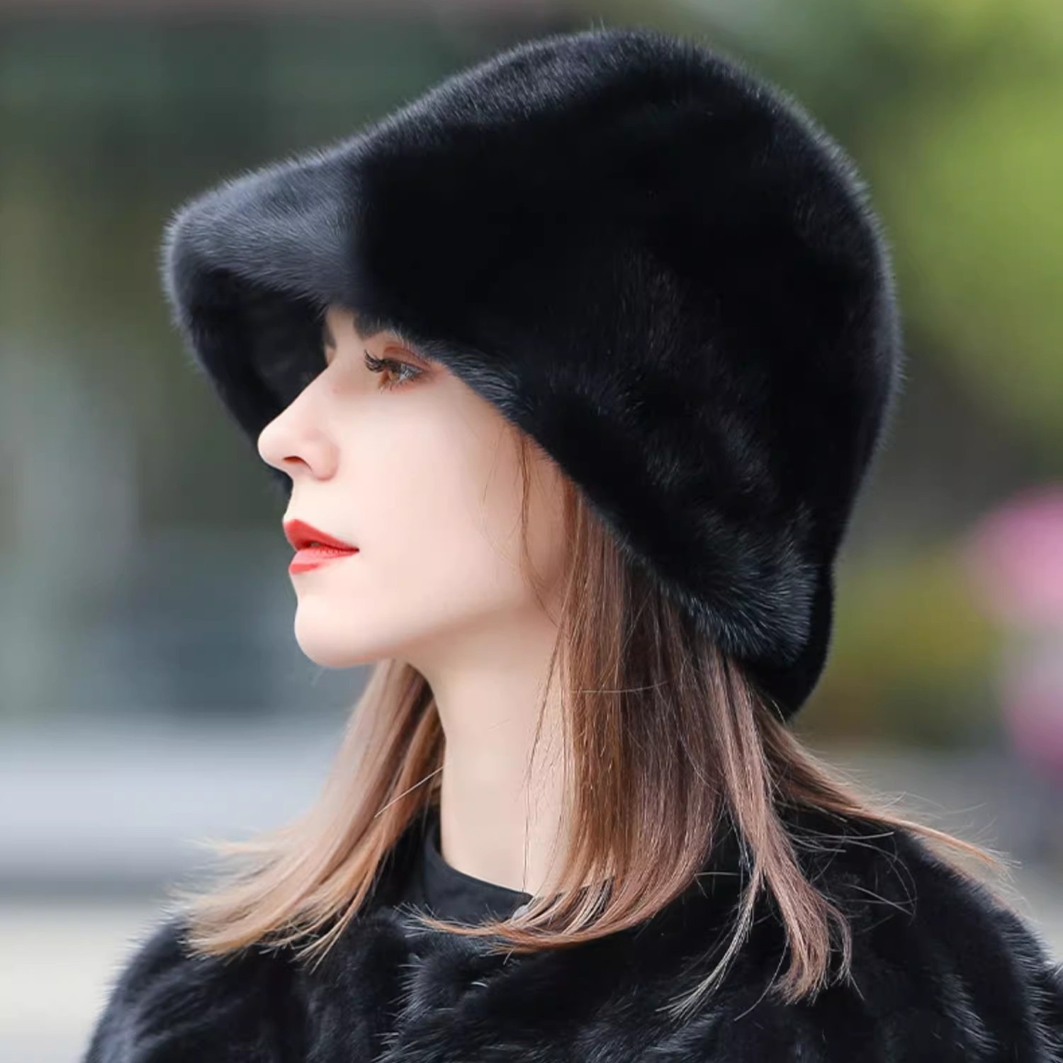 水貂毛帽子盆帽女士帽冬季整貂帽子保暖宽檐护耳帽韩版时尚渔夫帽