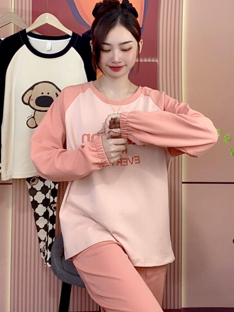 新品带胸垫纯棉睡衣秋冬款女士长袖睡衣休闲免穿可外穿家居服套装