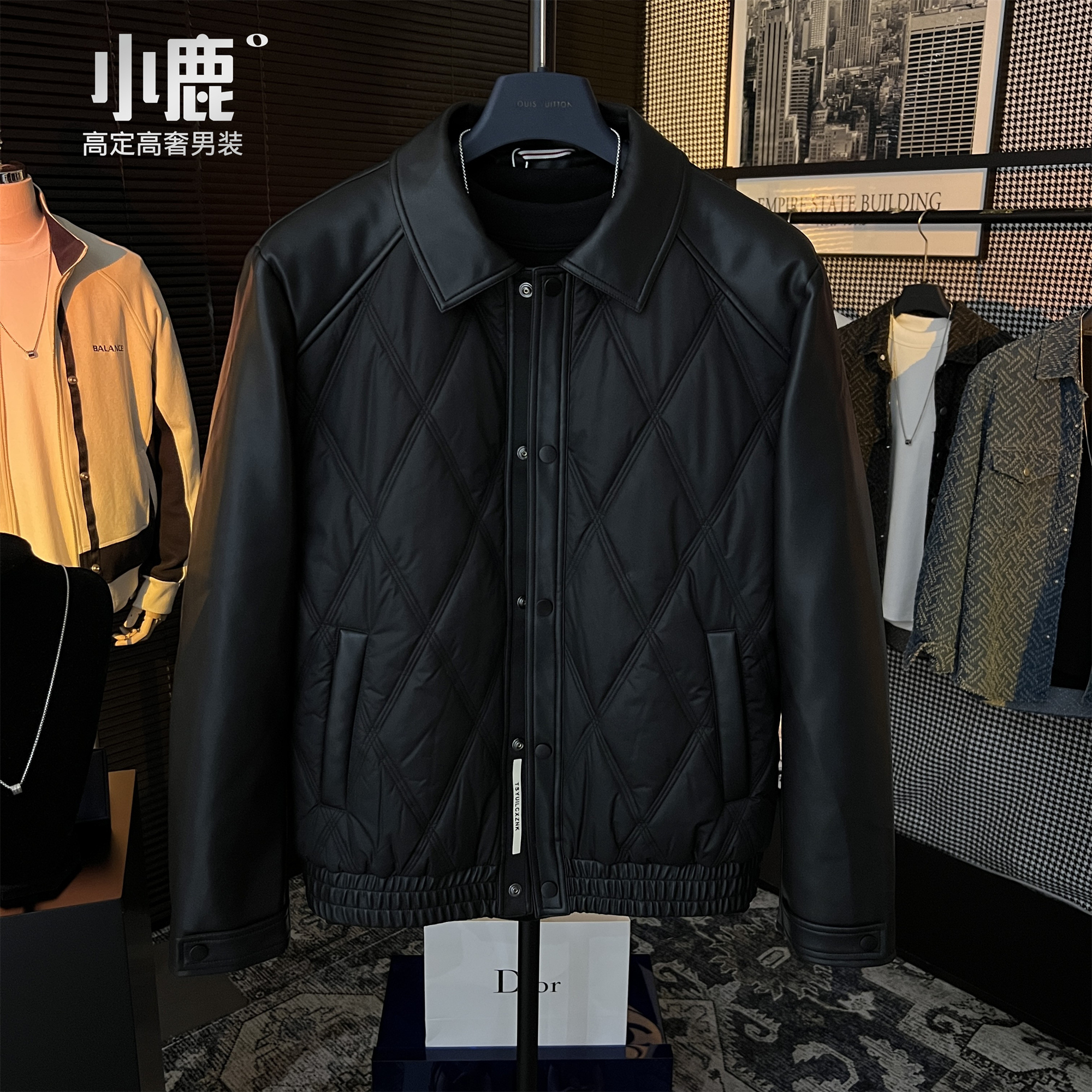 【23861】男士百搭休闲潮流长袖拼料皮棉夹克时尚感菱形格设计外套