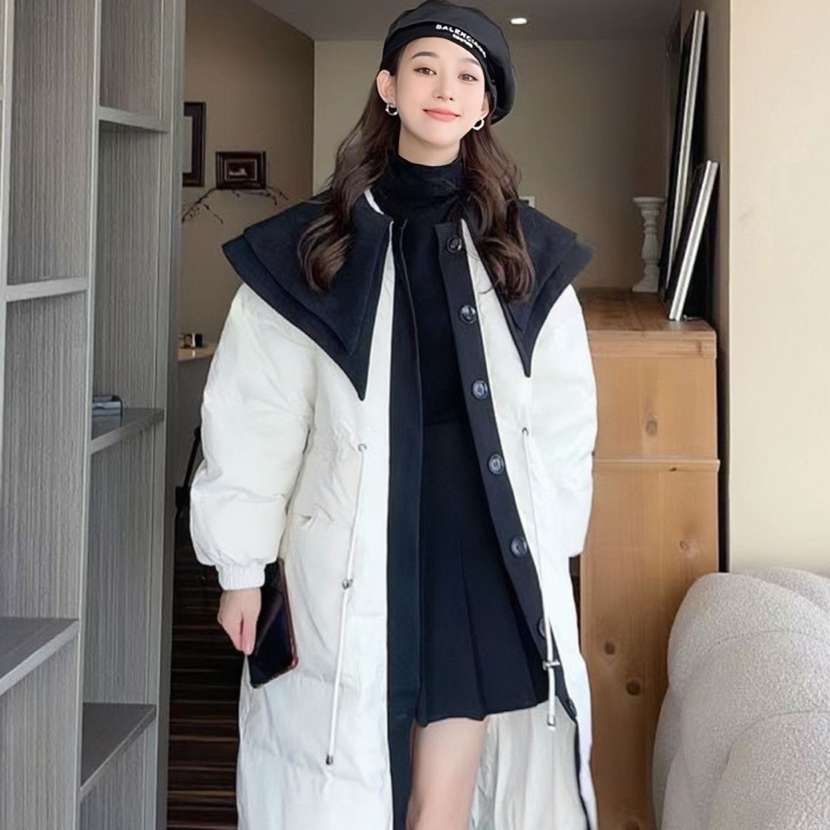反季清仓娃娃领羽绒服女2023年新款中长款过膝收腰海军领冬季外套