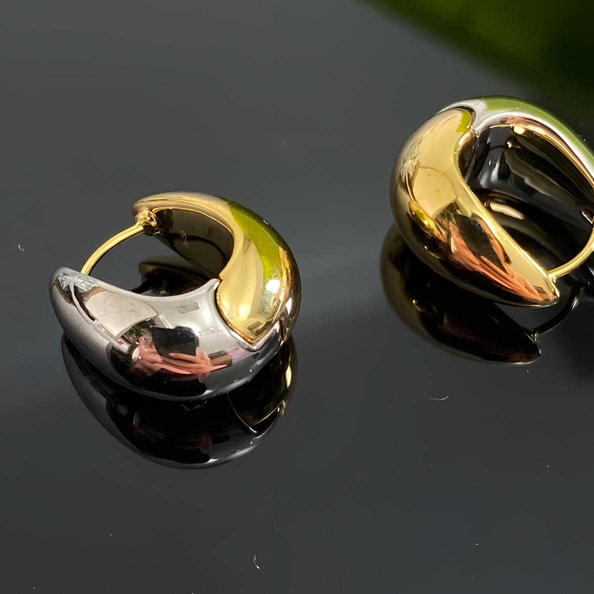 18K金双色大水滴耳扣法式赫本风两面气质百搭轻奢时尚欧美耳环