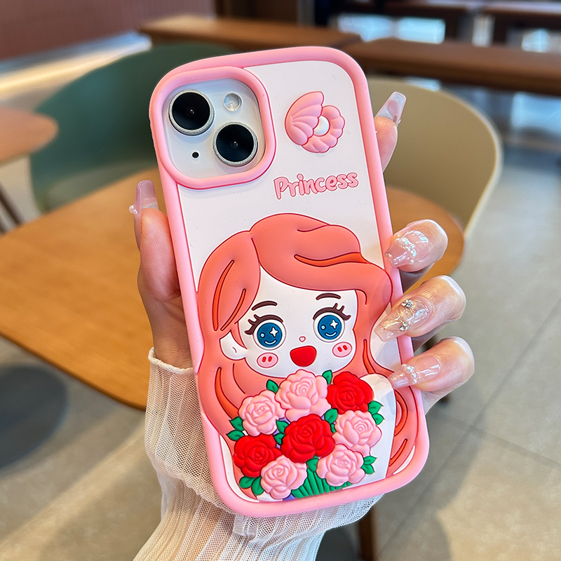 【适用苹果】玫瑰花美人鱼手机壳iphone15全包防摔14可爱卡通13新款