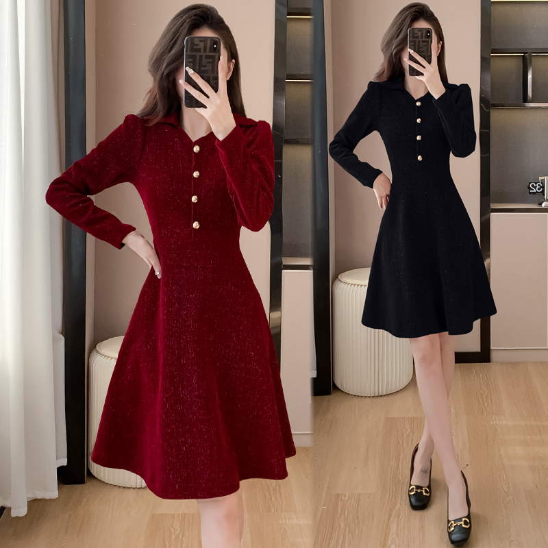 有口袋红色修身连衣裙雪尼尔法式气质收腰小个子赫本小红裙 9936