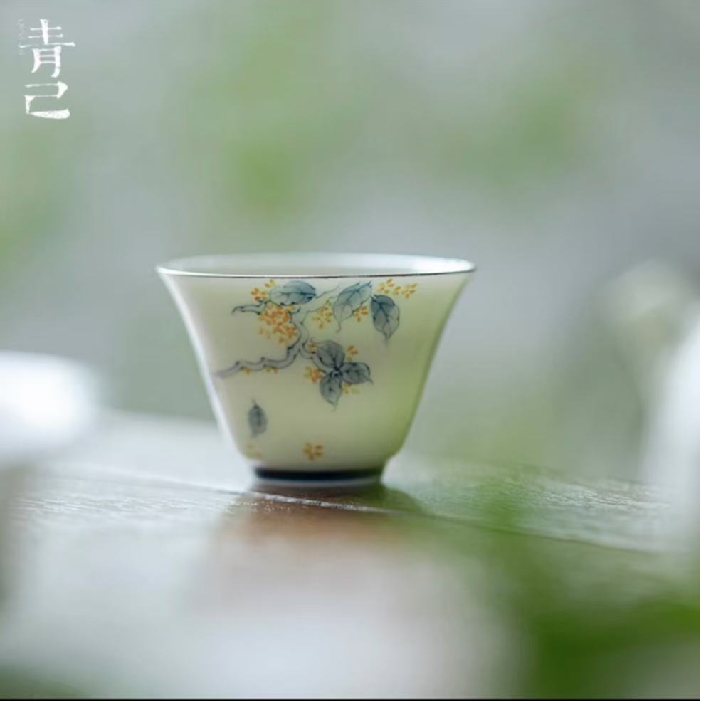 青己玉泥釉下彩青花纯手绘桂香点金品茗杯陶瓷文人器主人杯客人杯