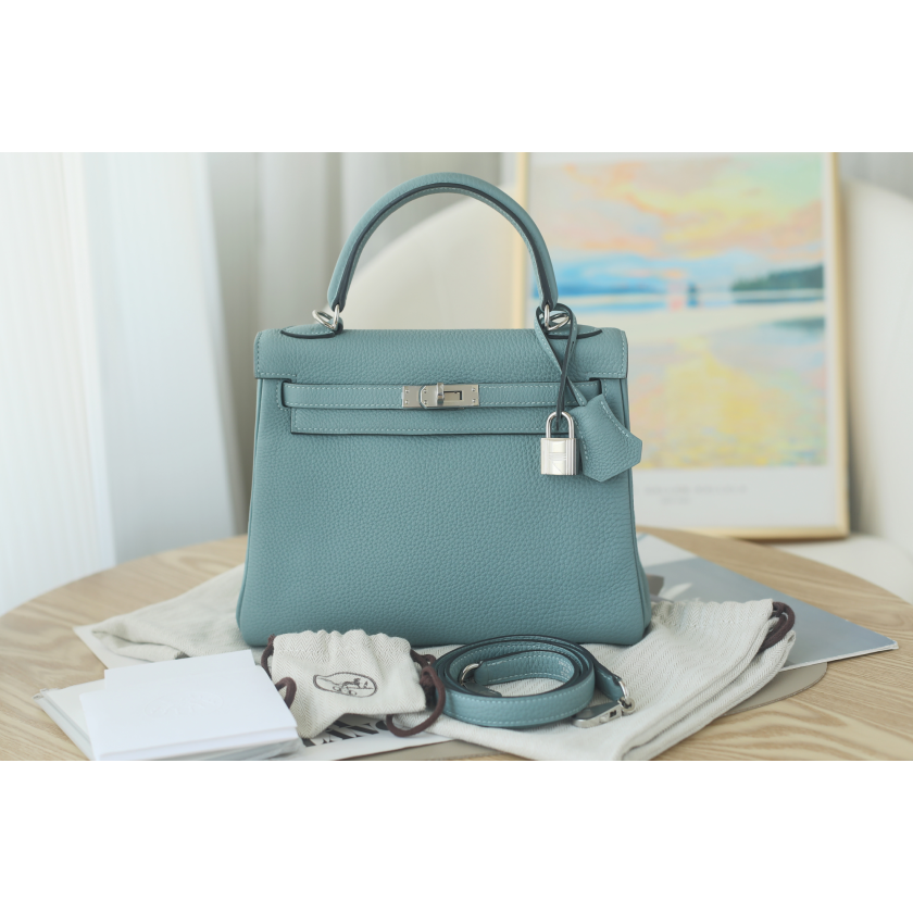 99新 Hermes/爱马仕 kelly25 Y刻 TOGO皮 天青色 银扣女士肩背