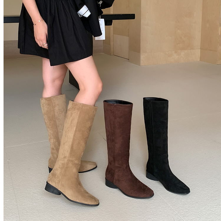 英伦风绒面骑士靴不过膝百搭时装单靴子女方头粗低跟小众显瘦长靴