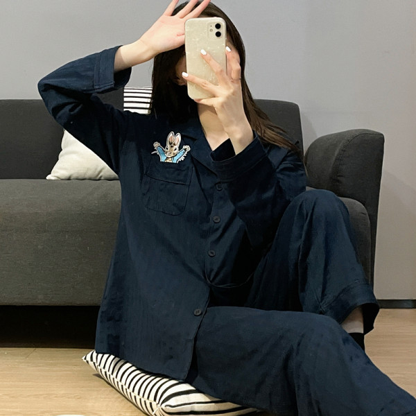 ins日系卡通睡衣女春秋休闲宽松长袖长裤情侣纯棉睡衣家居服套装