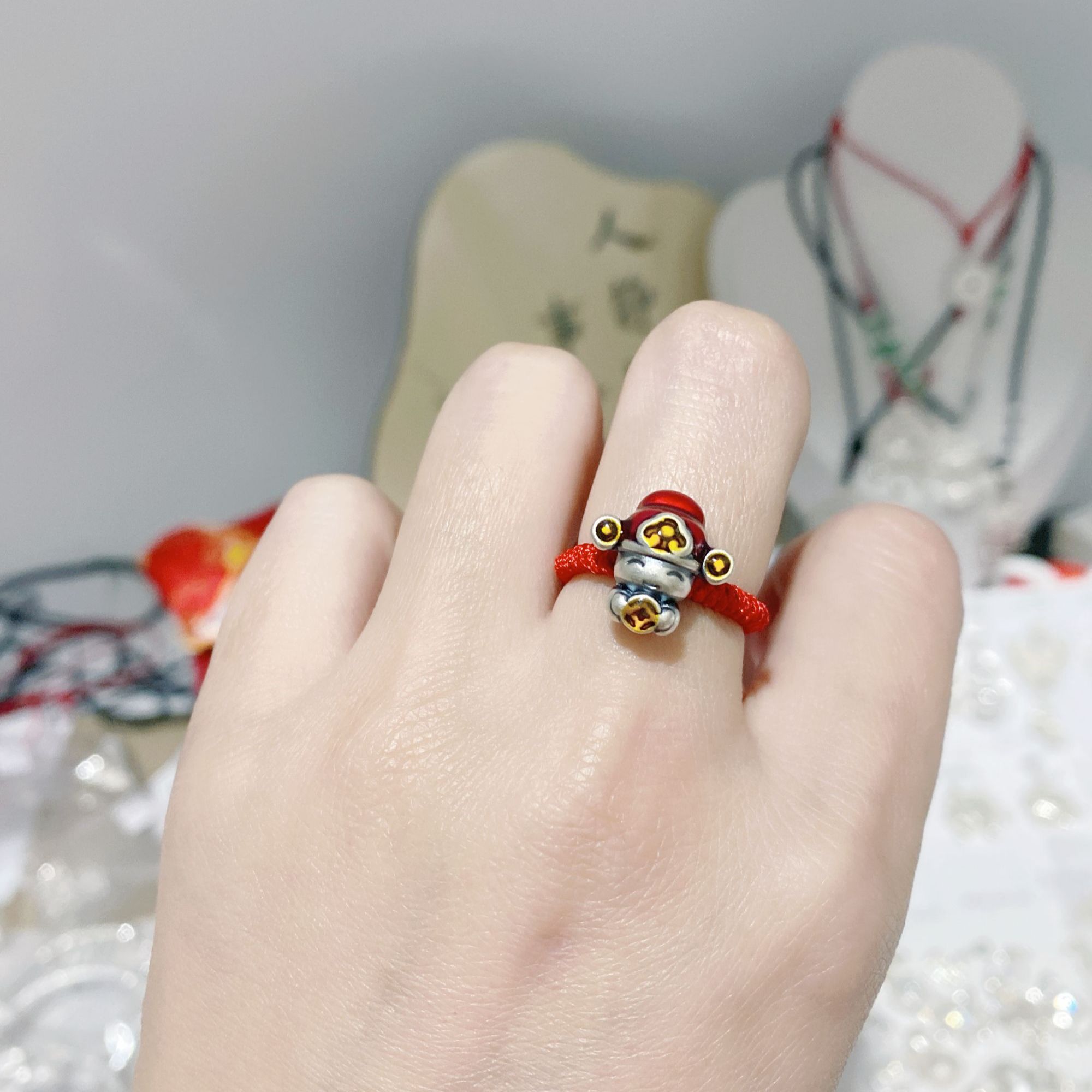 足银戒指 足银999财神爷手编红绳戒指 要编成手链的要备注