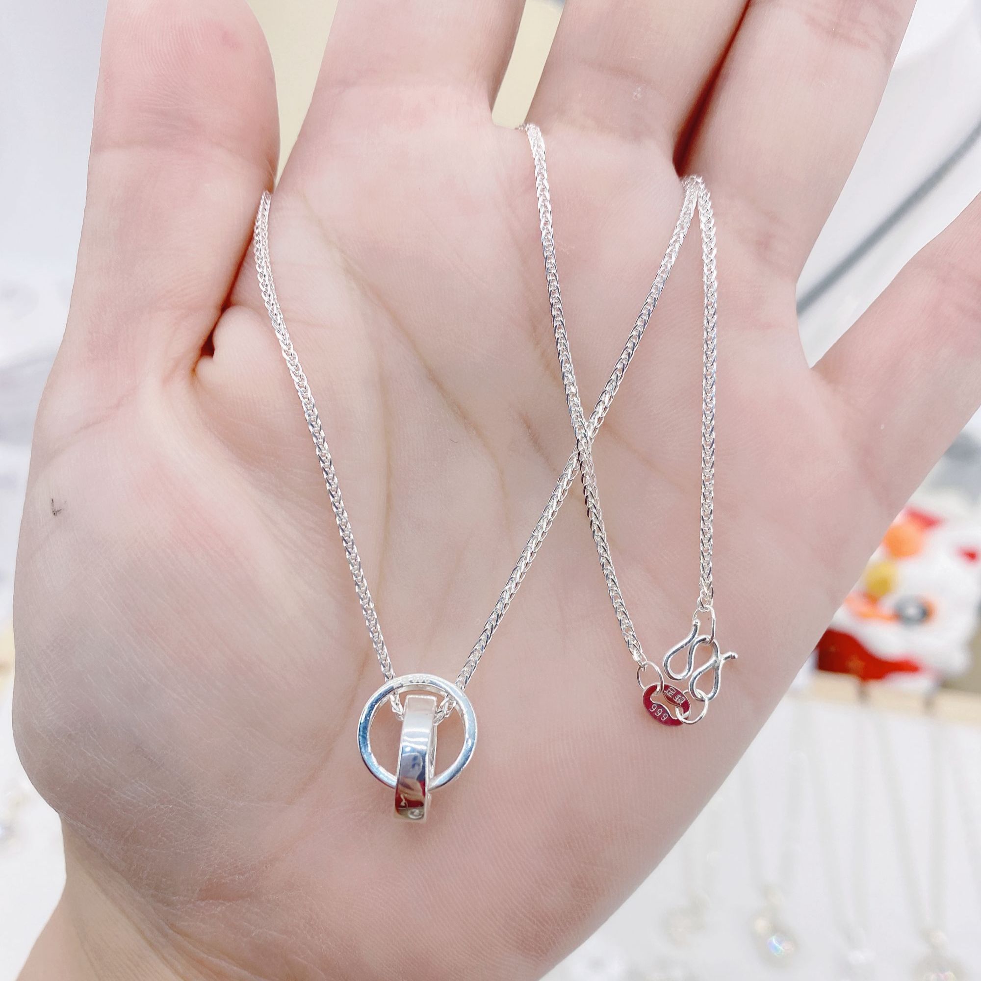 坠链均足银合成锆石 足银999肖邦链 搭配足银990心心相印吊坠